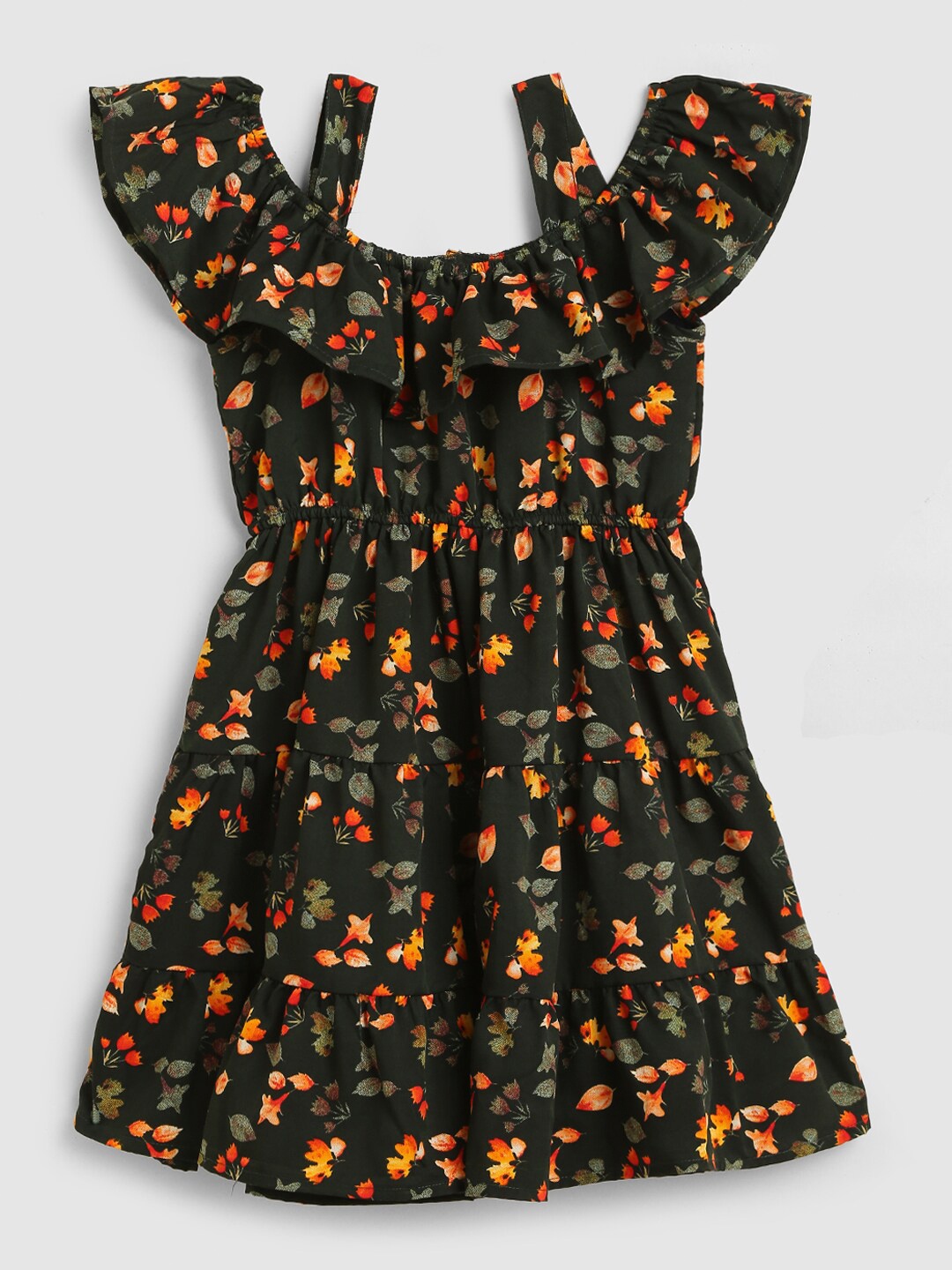 

HERE&NOW Girls Shoulder Straps Floral Printed Tiered Cotton Dress, Green