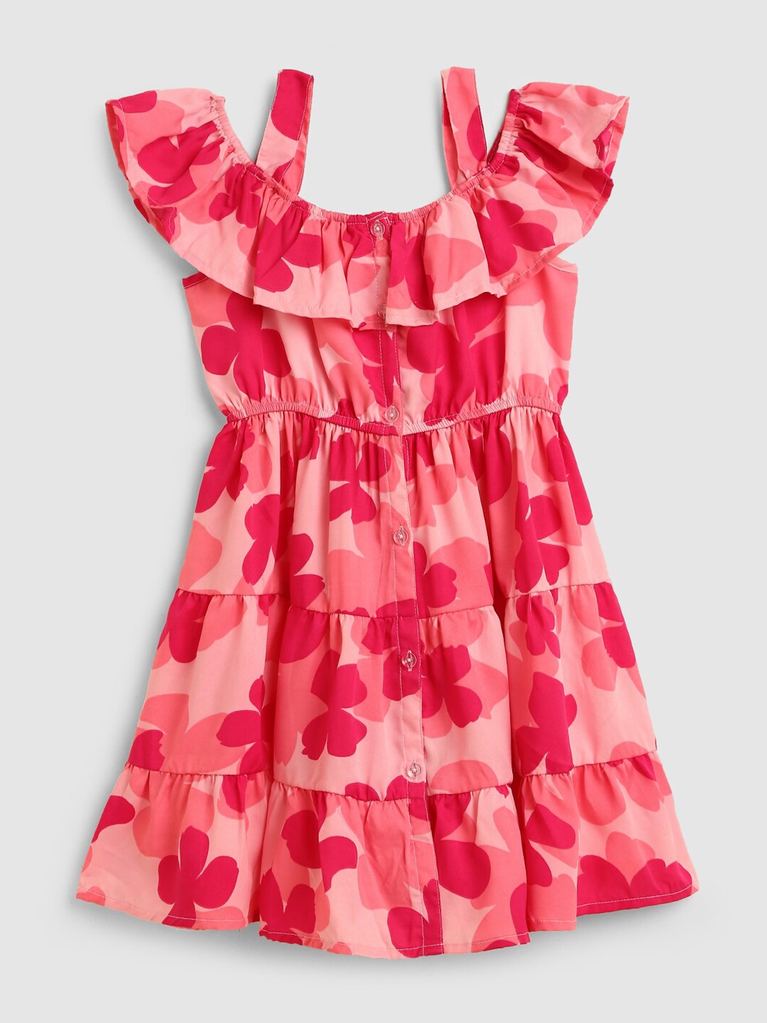 

HERE&NOW Girls Shoulder Straps Floral Printed Tiered Cotton Dress, Pink