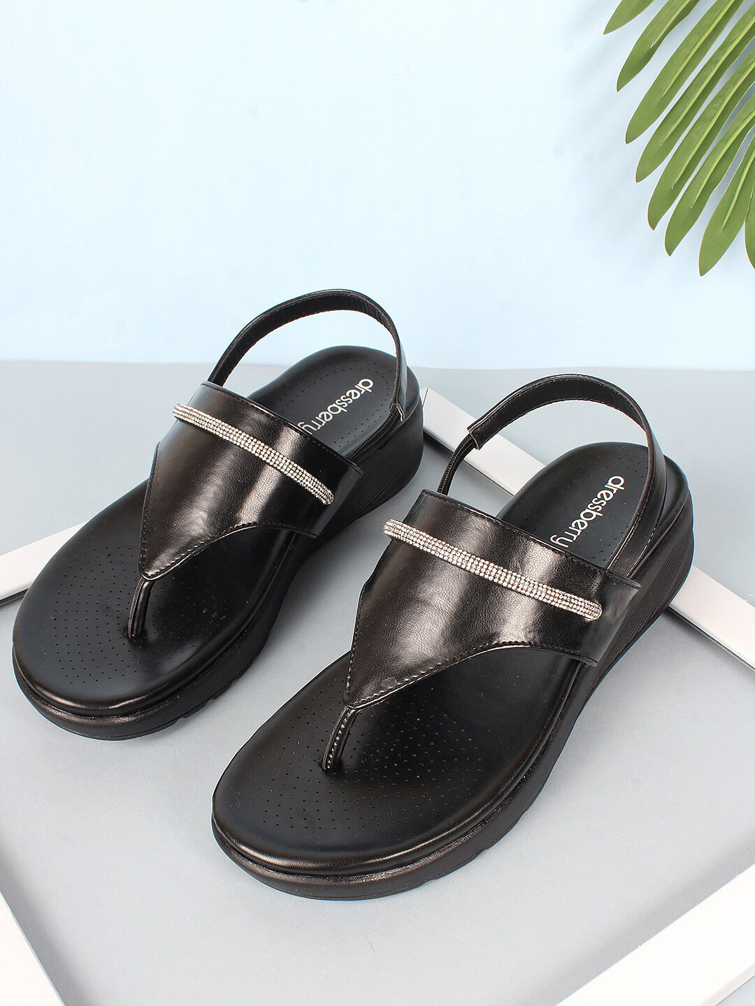 

DressBerry Women Black Air Max Embellished T-Strap Flats