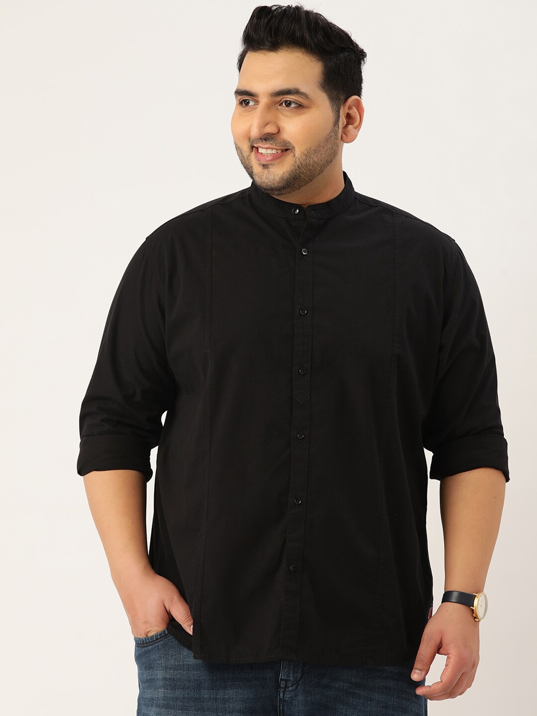 

IVOC Plus Classic Mandarin Collar Cotton Casual Shirt, Black