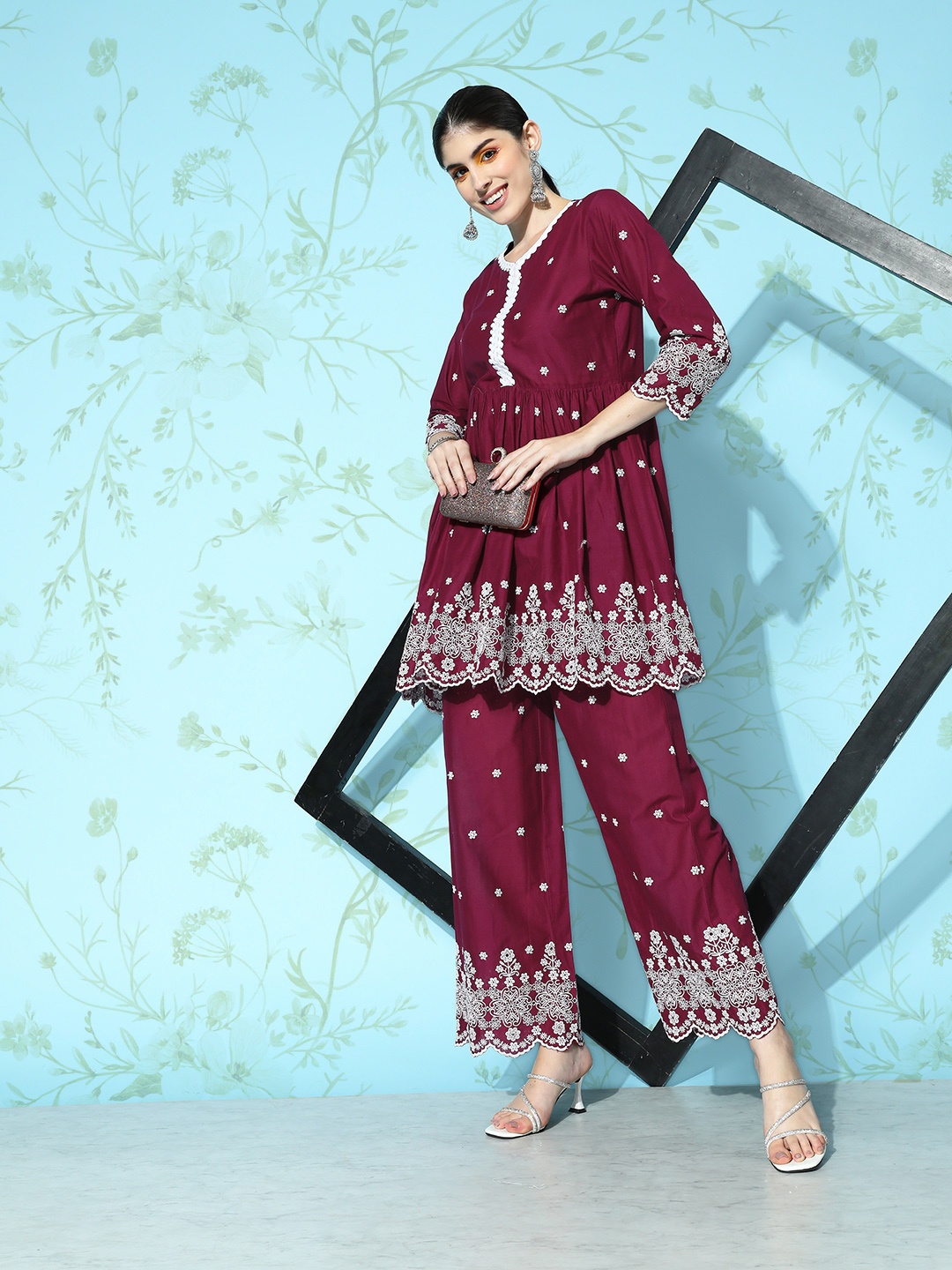 

Inddus Women Embroidered Pleated Thread Work Kurta with Palazzos, Maroon