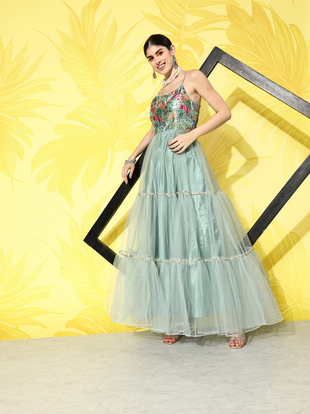 

Inddus Women Floral Thread Work Embroidered Ethnic Dress, Sea green