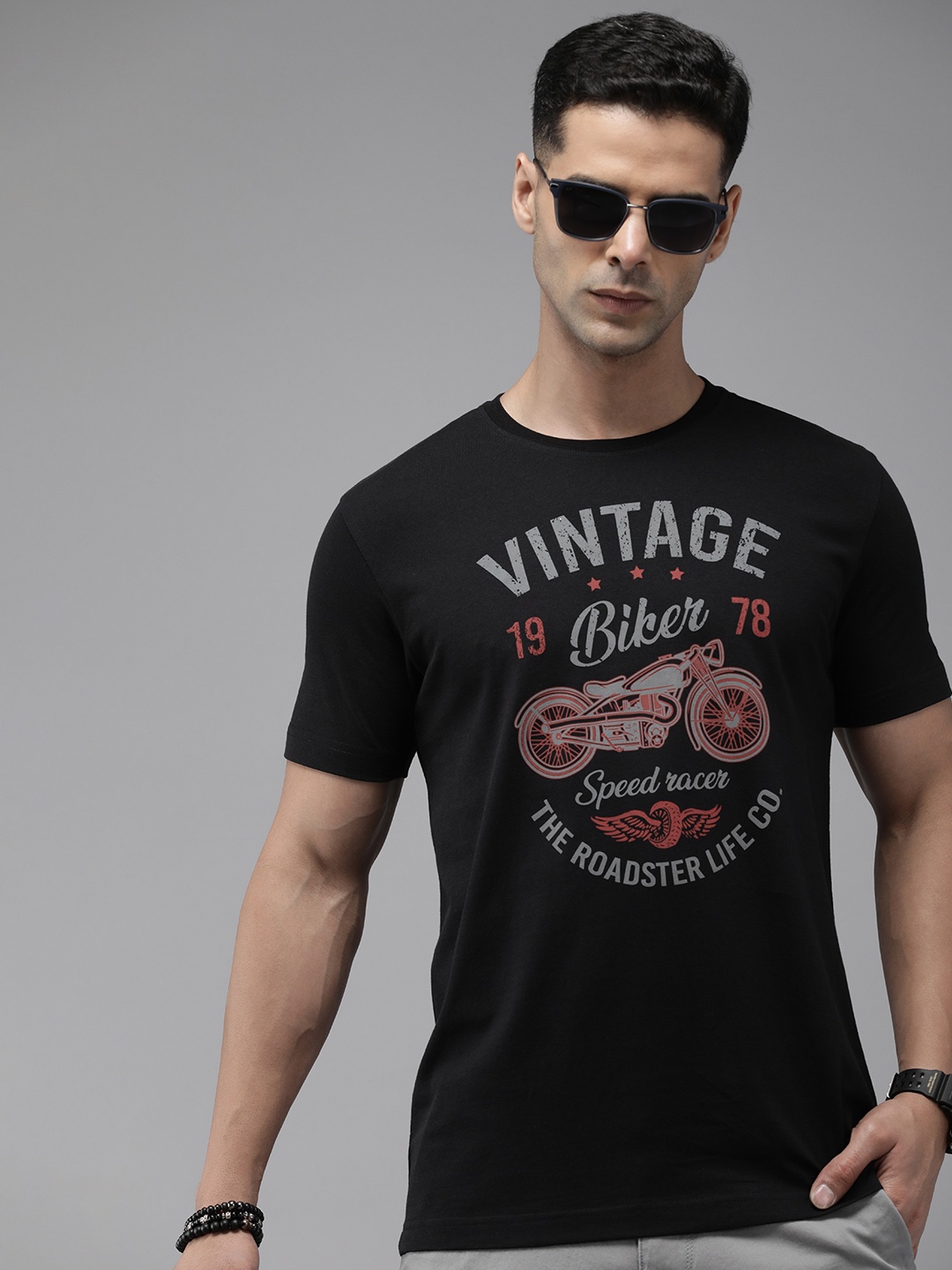 

Roadster Printed Pure Cotton T-shirt, Black