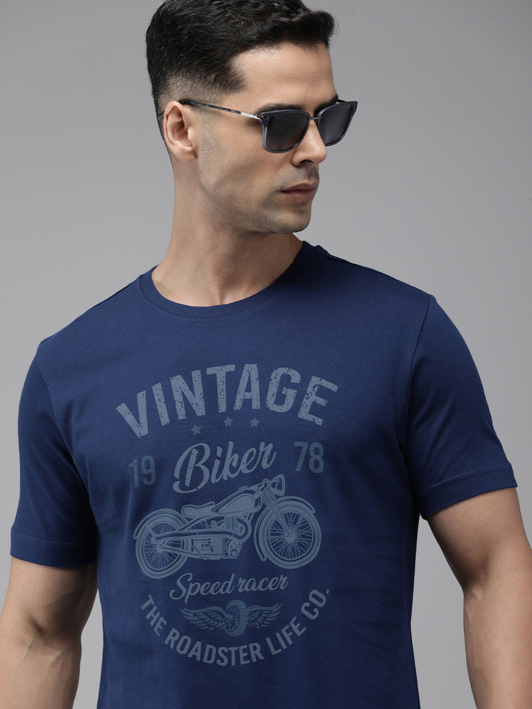 

Roadster Printed Pure Cotton T-shirt, Navy blue