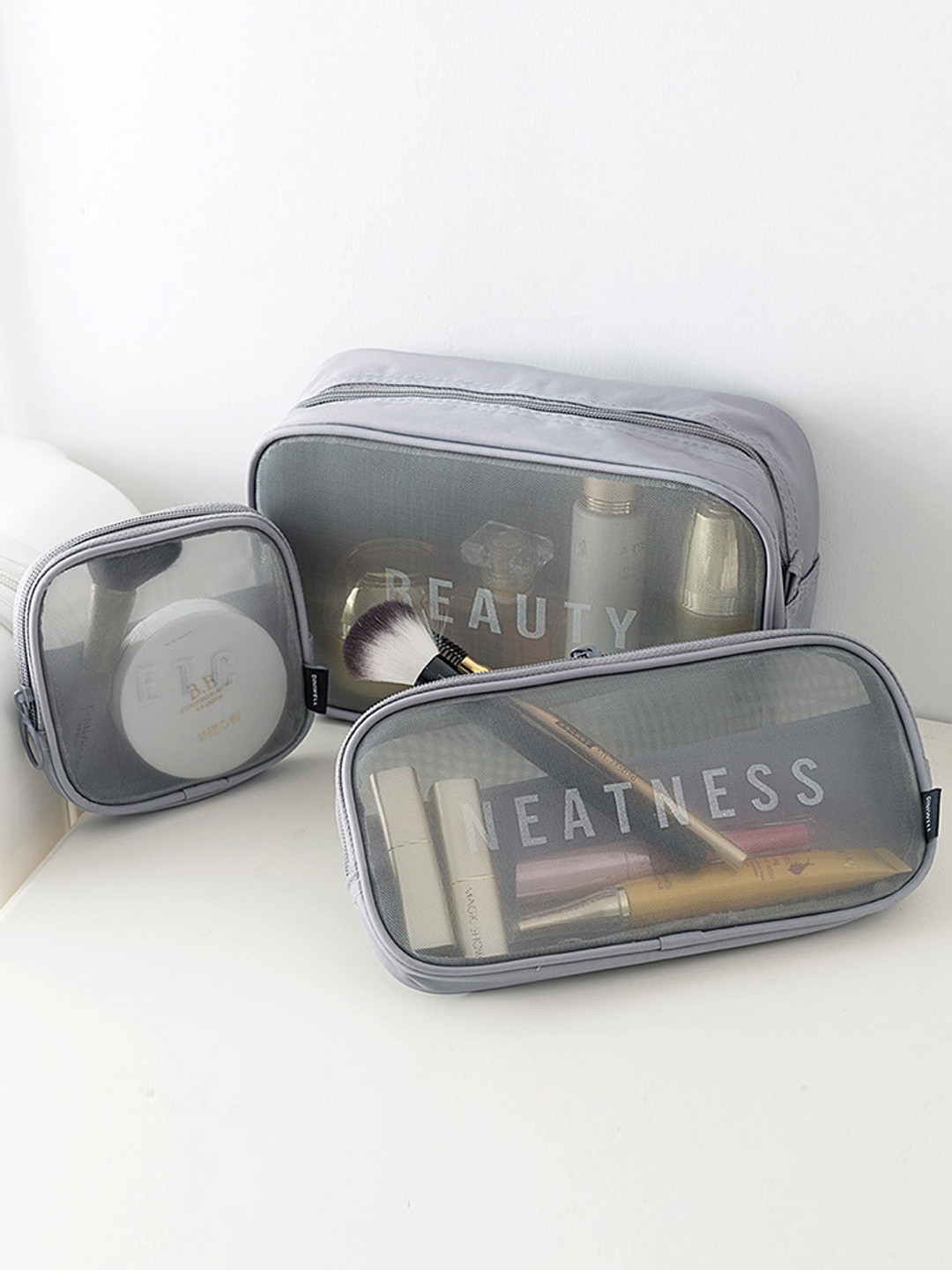 

Awestuffs Set of 3 Transparent Mesh Toiletry Bag, Grey