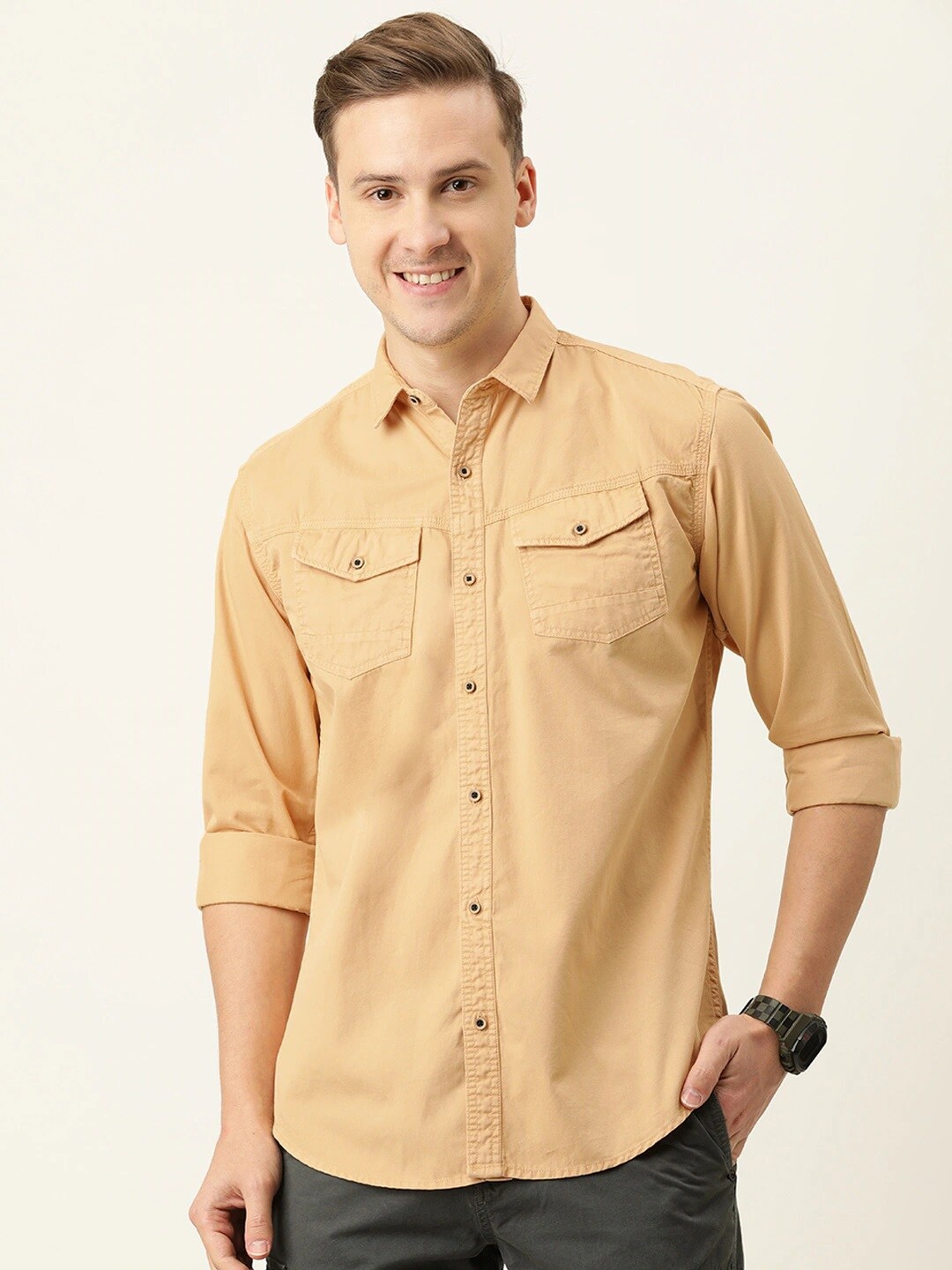 

IVOC Men Spread Collar Long Sleeves Slim Fit Cotton Casual Shirt, Beige