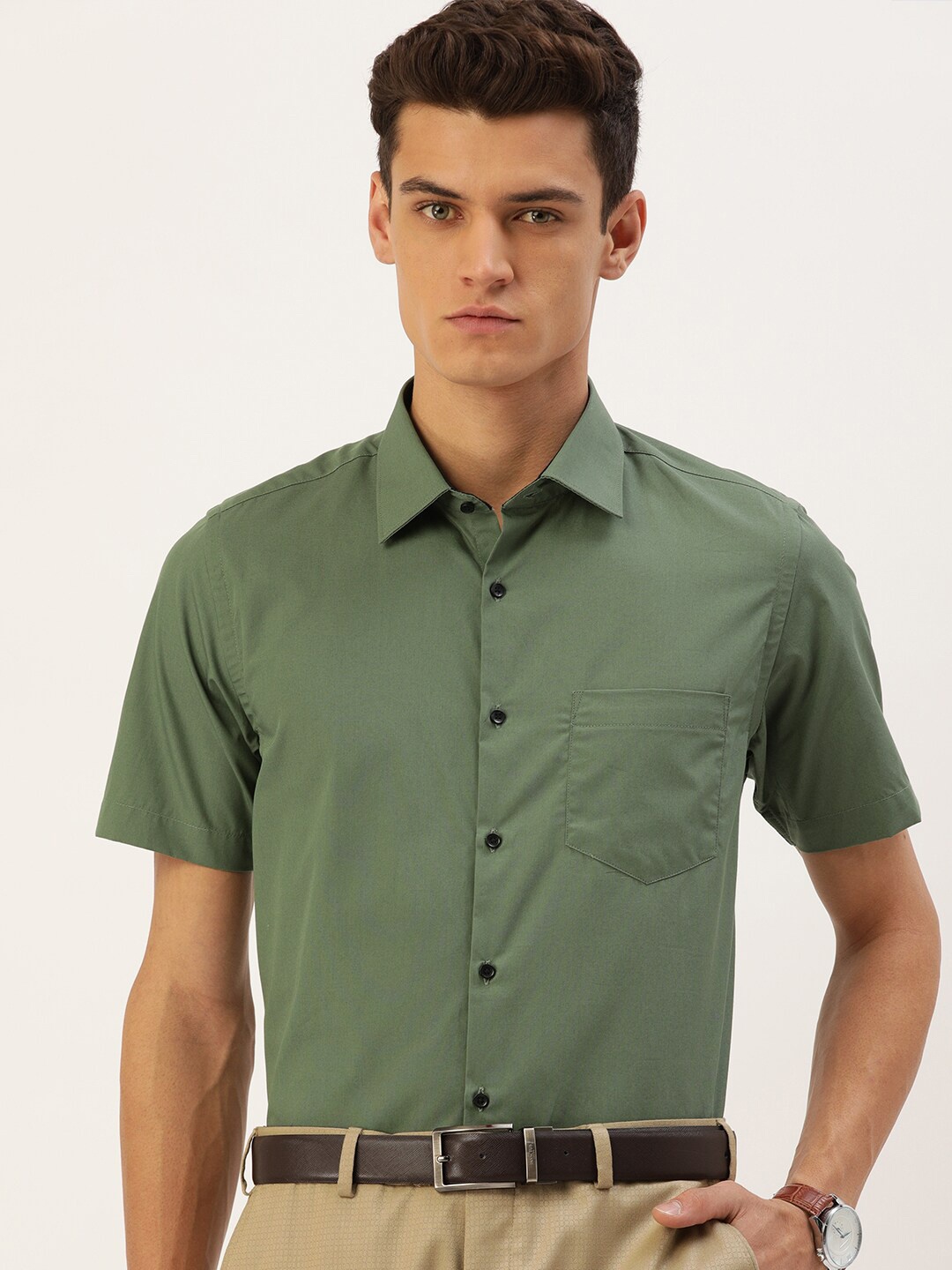 

IVOC Men Spread Collar Short Sleeves Cotton Formal Shirt, Olive