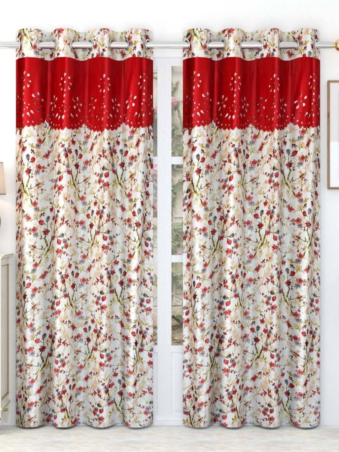 

Bajo's Red & Brown 2 Pieces Floral Printed Satin Long Door Curtains