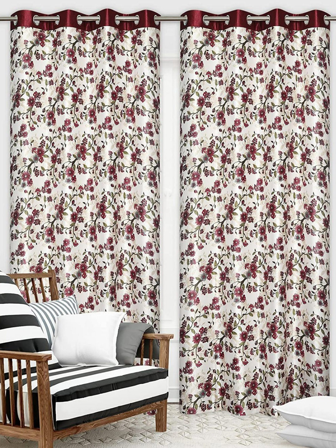 

Bajo's Beige & Green 2 Pieces Floral Printed Satin Long Door Curtains