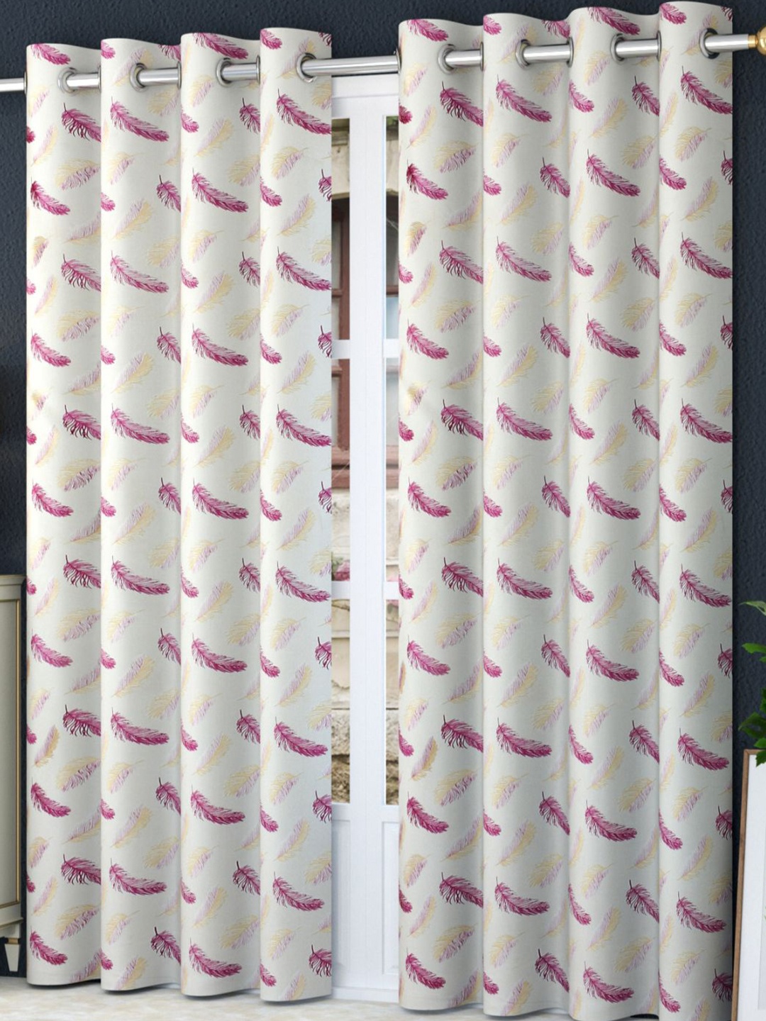 

Bajo's Beige & Pink 2-Pieces Printed Satin Long Door Curtains
