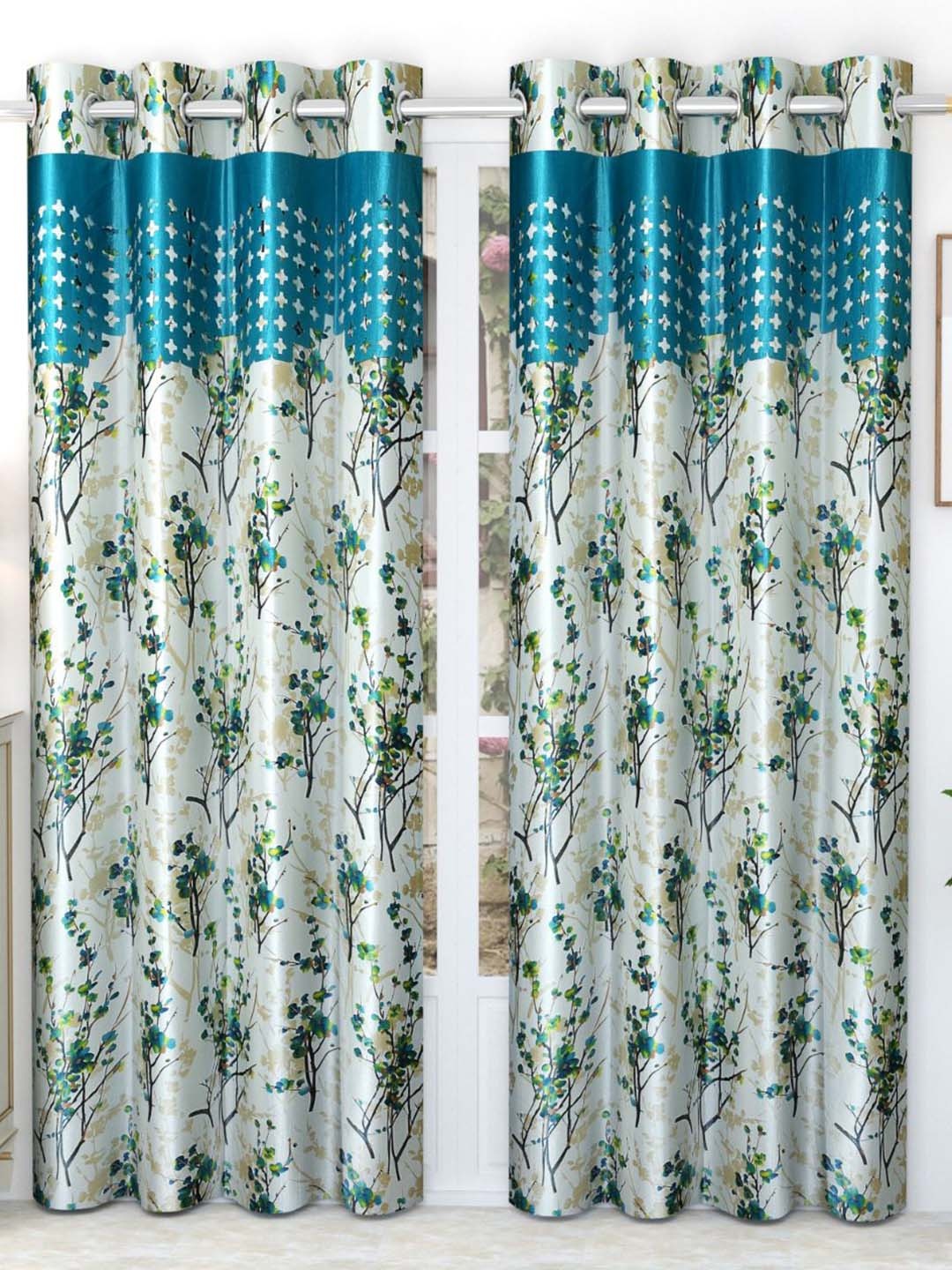 

Bajo's White & Blue 2-Pieces Printed Satin Long Door Curtains