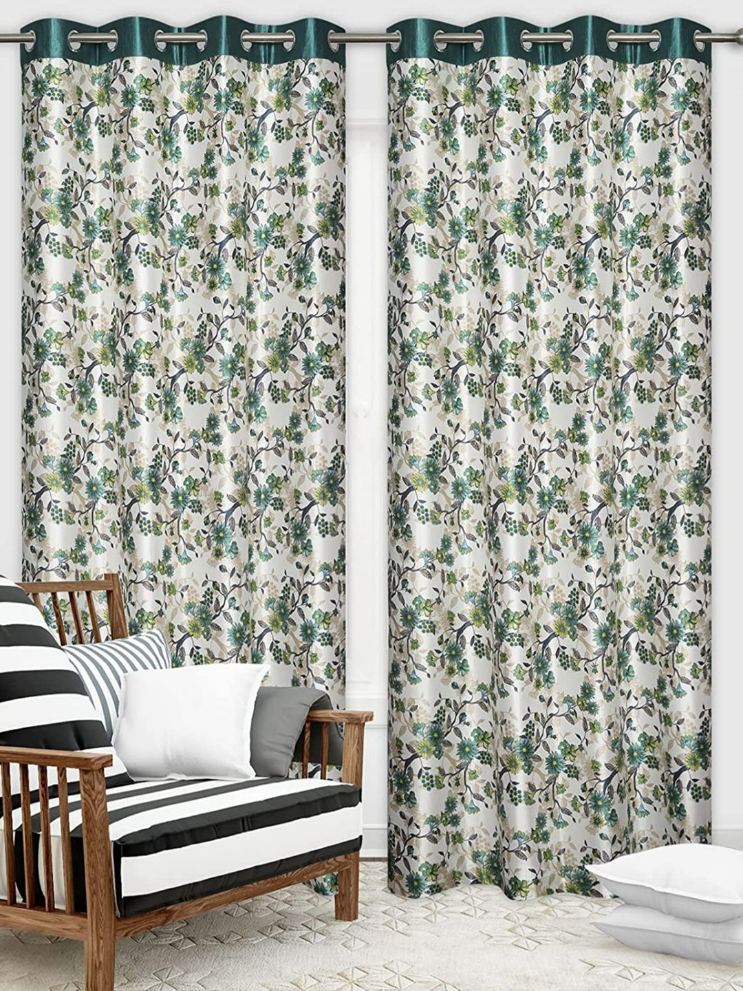 

Bajo's White & Green 2-Pieces Printed Satin Long Door Curtains
