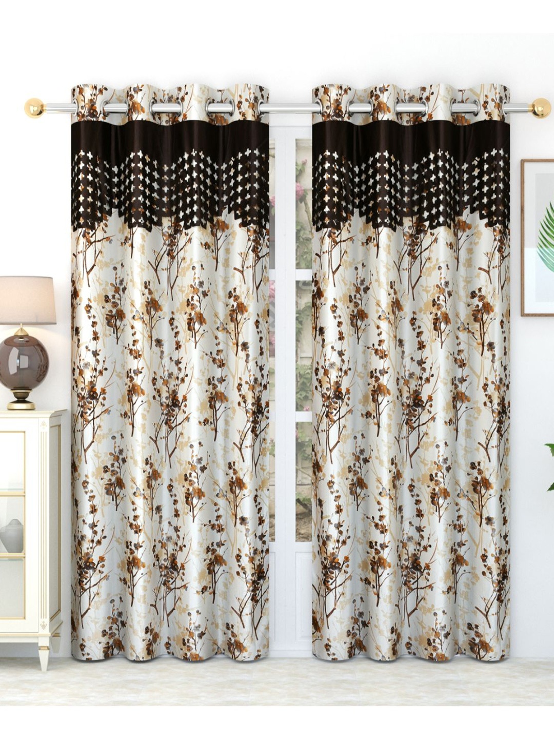 

Bajo's Beige & Brown 2-Pieces Printed Satin Long Door Curtains