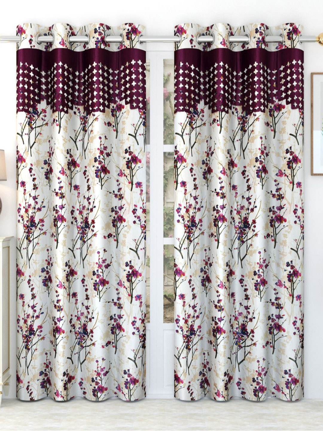 

Bajo's Cream-Coloured & Purple 2 Pieces Floral Printed Satin Long Door Curtains