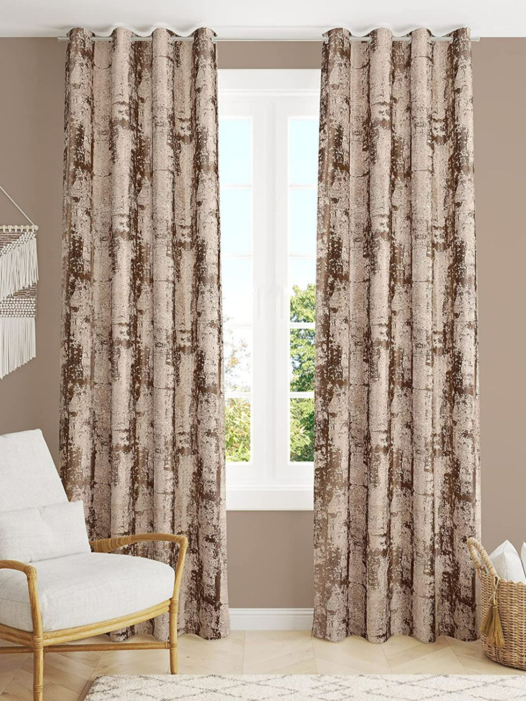 

Bajo's Brown & Beige 2-Pieces Printed Satin Long Door Curtains