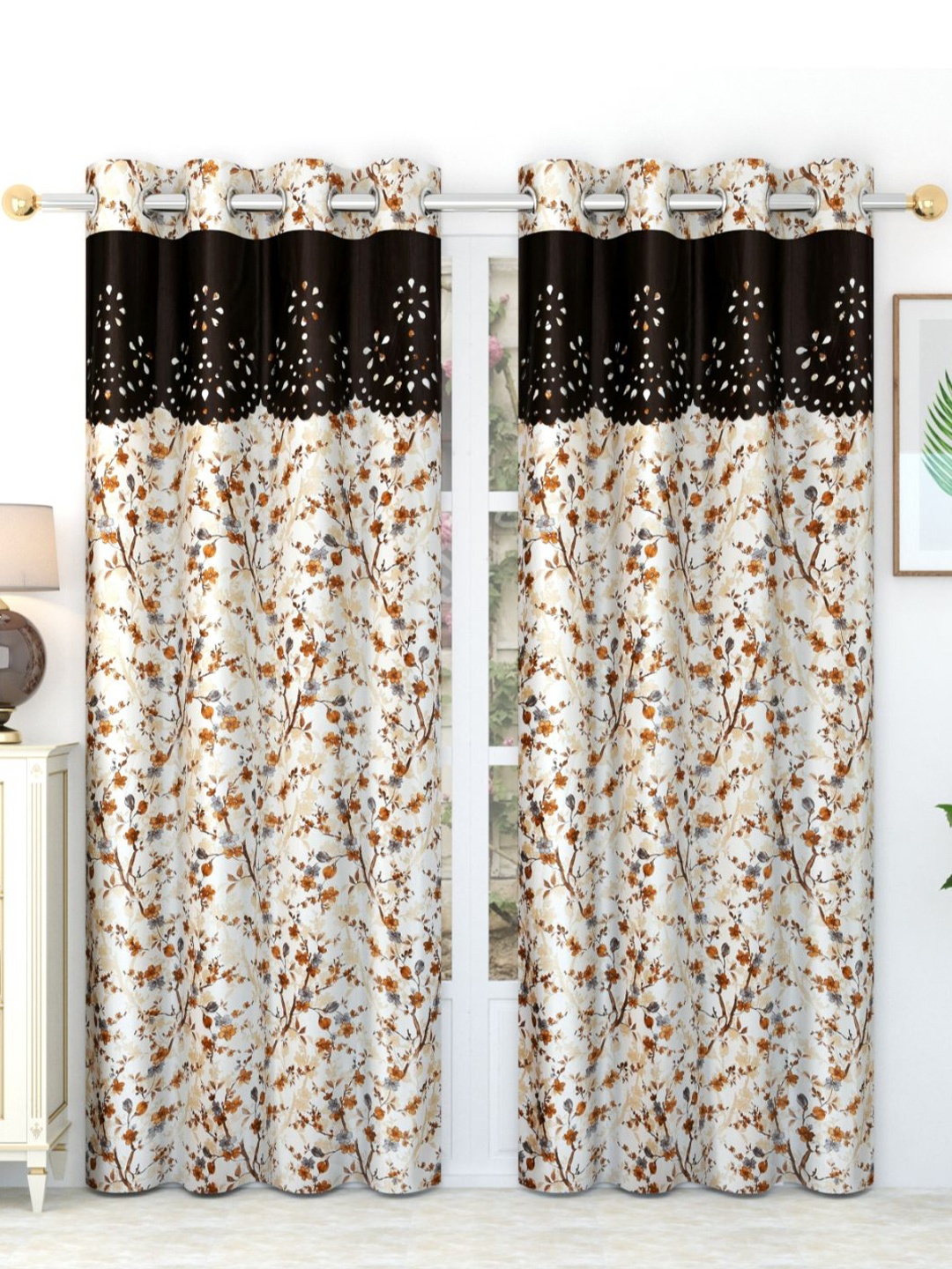 

Bajo's Beige & White 2-Pieces Printed Satin Long Door Curtains