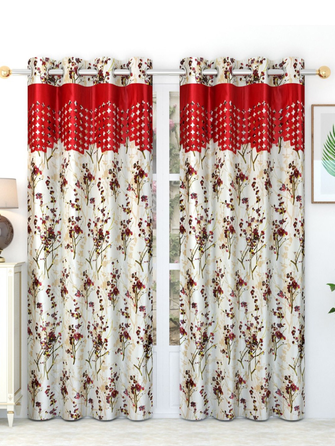 

Bajo's Beige & Red 2-Pieces Printed Satin Long Door Curtains