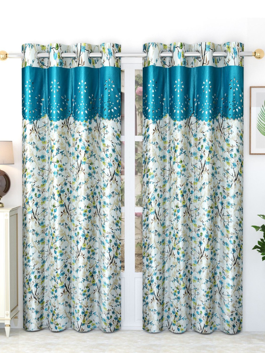 

Bajo's Blue & Brown 2-Pieces Printed Satin Long Door Curtains