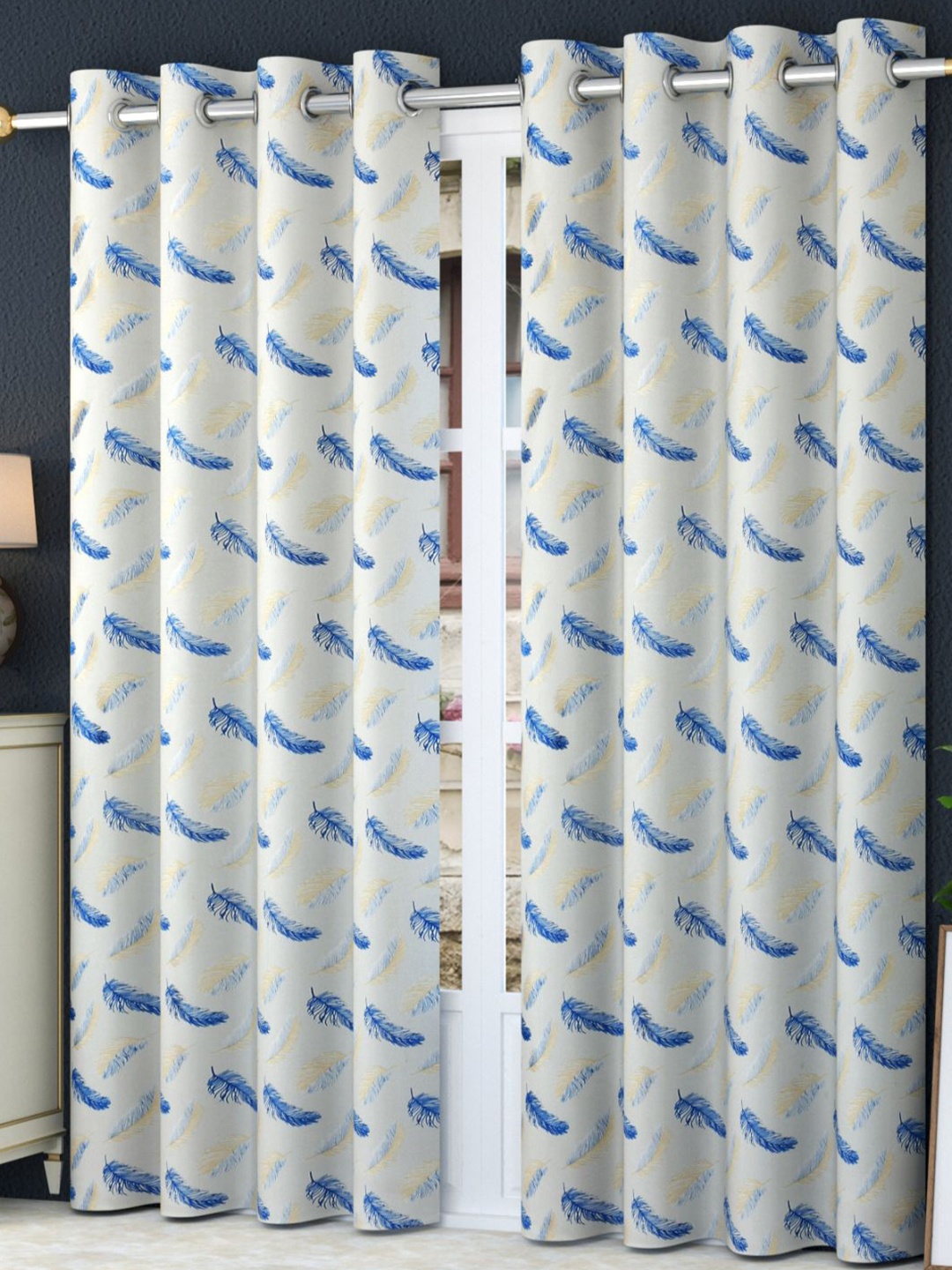 

Bajo's Beige & Blue 2-Pieces Printed Satin Long Door Curtains