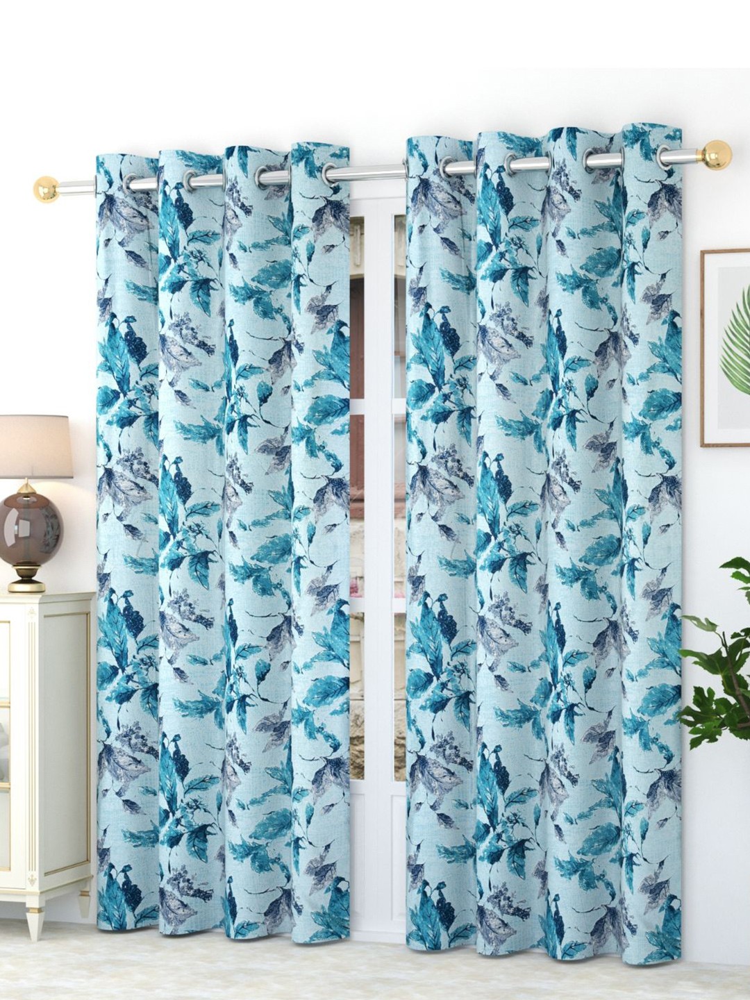 

Bajo's Blue & Grey 2 Pieces Floral Printed Satin Long Door Curtains