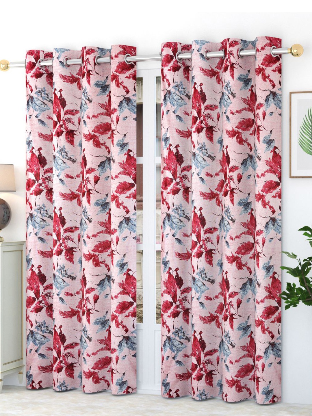 

Bajo's Pink & Red 2-Pieces Printed Satin Long Door Curtains