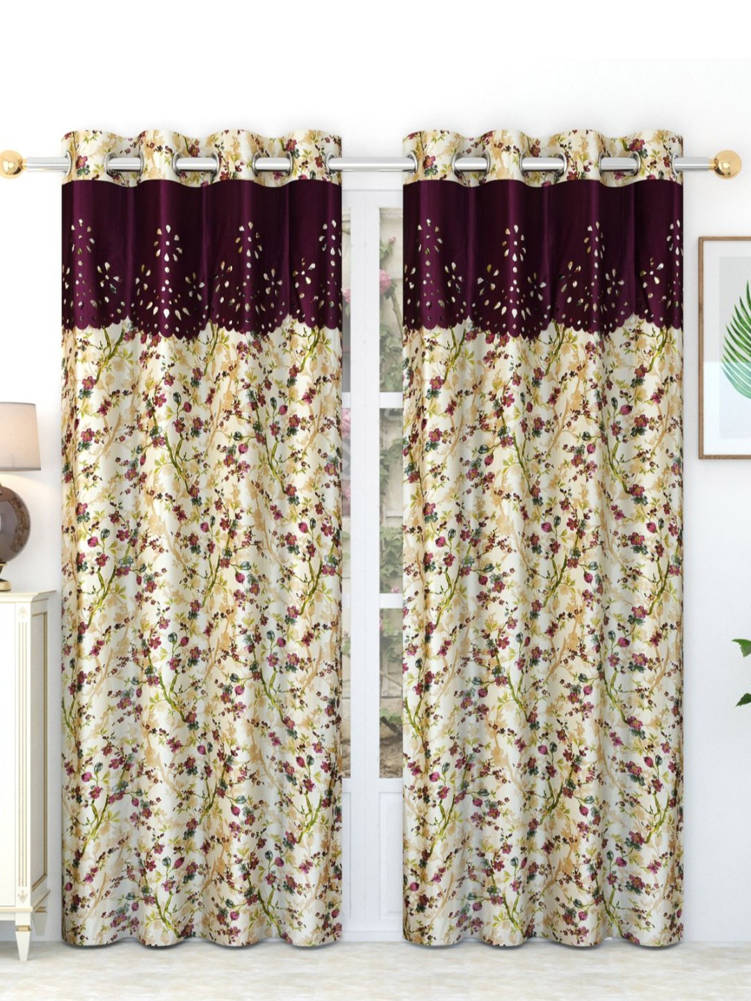 

Bajo's Beige & Maroon 2-Pieces Printed Satin Long Door Curtains