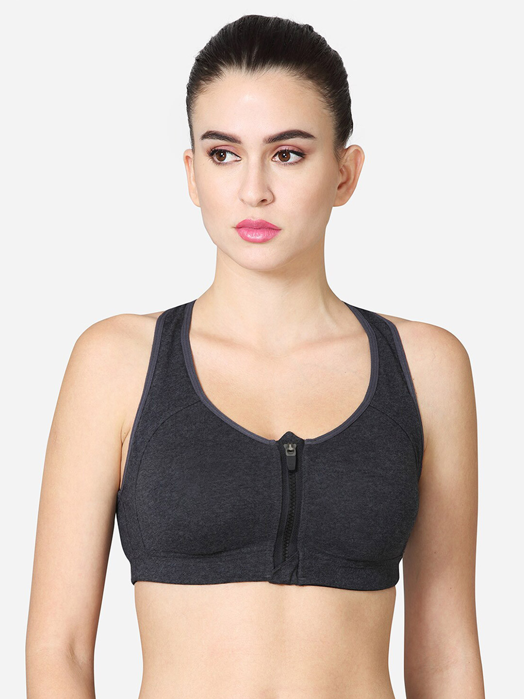 

VStar Medium Coverage Running Sports Bra With Removable Pads & Front Zip Closure, Charcoal