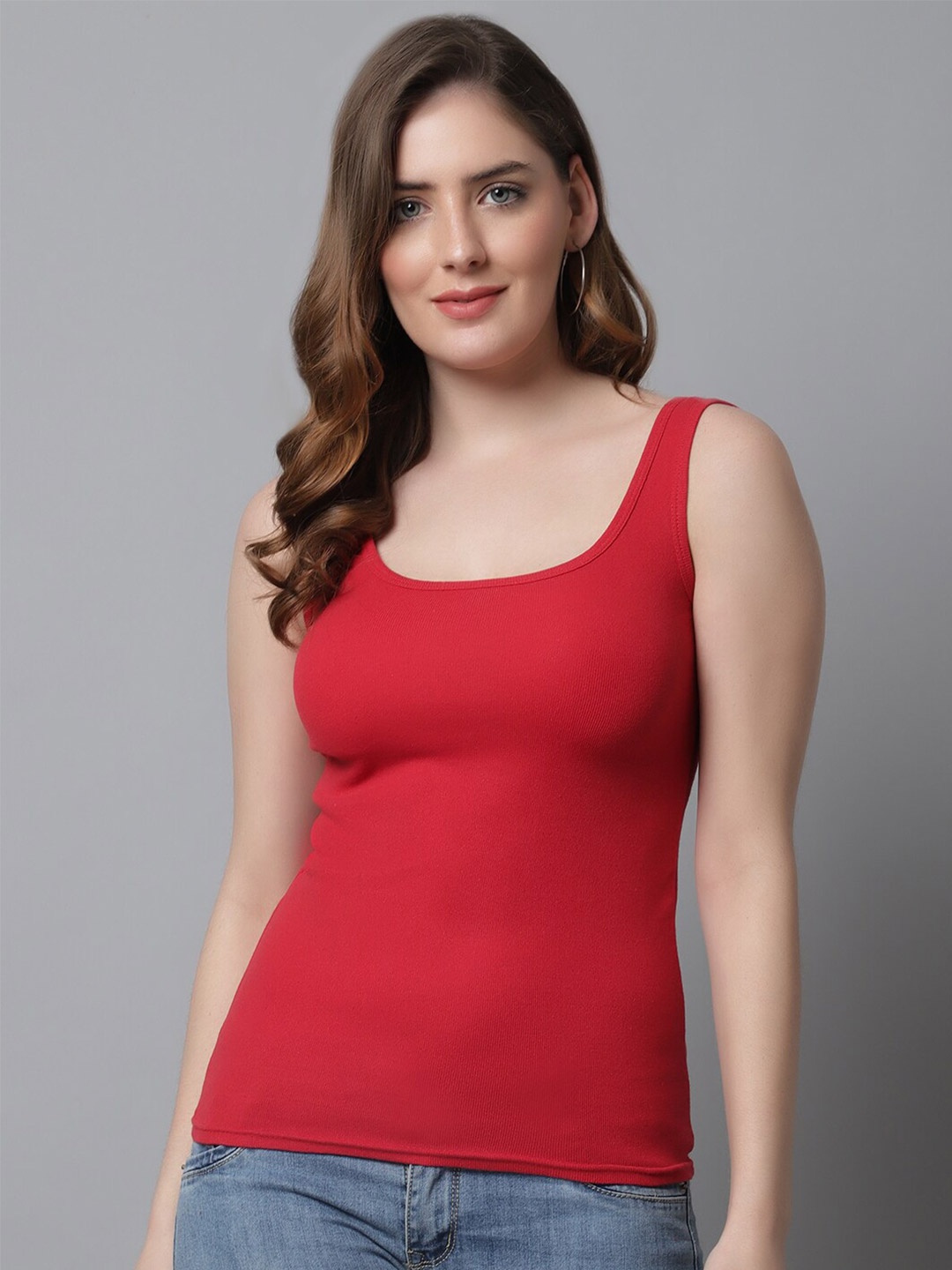 

KEX Red Scoop Neck Sleeveless Cotton Casual Tank Top