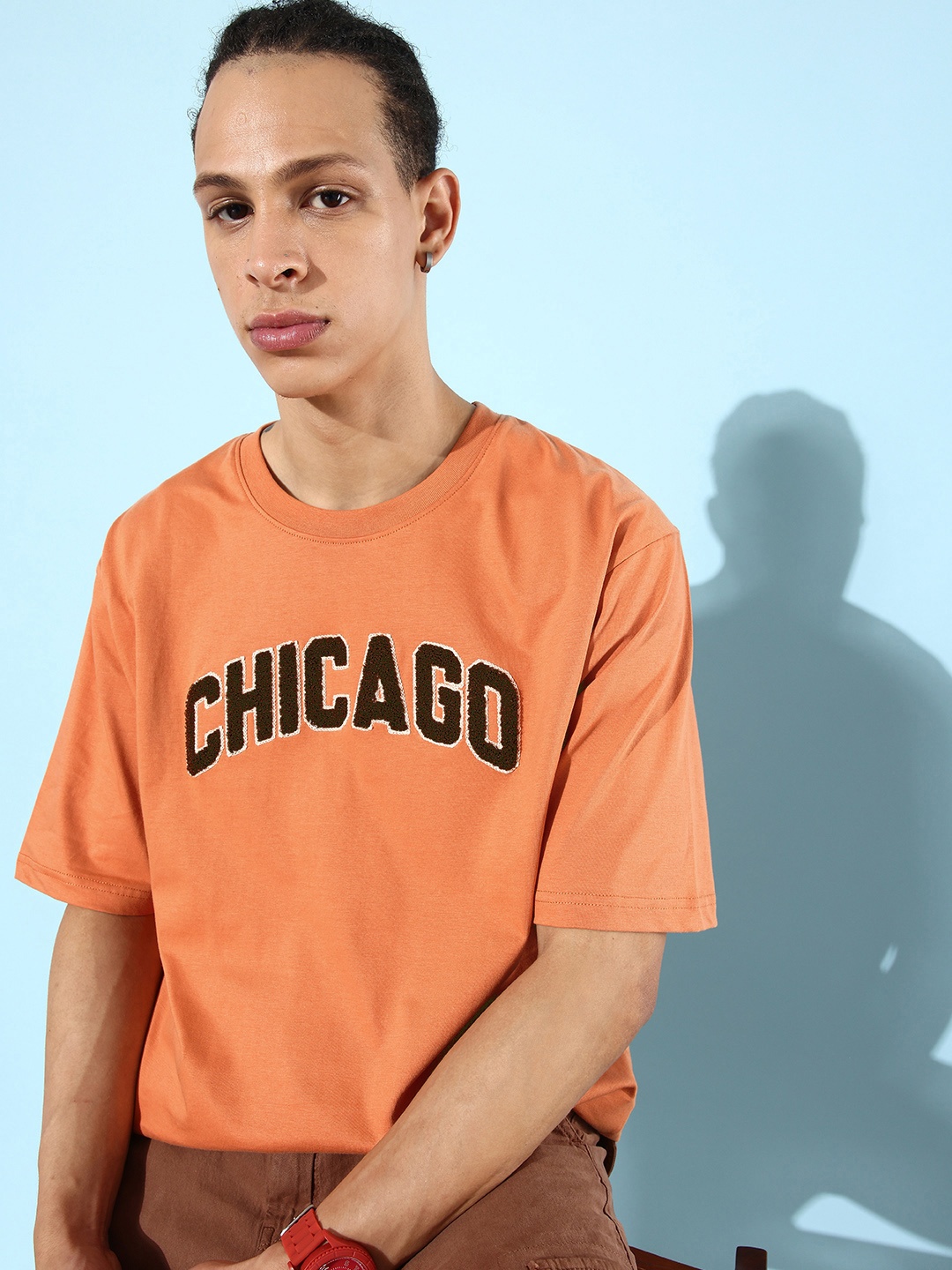 

DILLINGER Men Orange & Brown Embroidered Oversize Pure Cotton Longline T-shirt