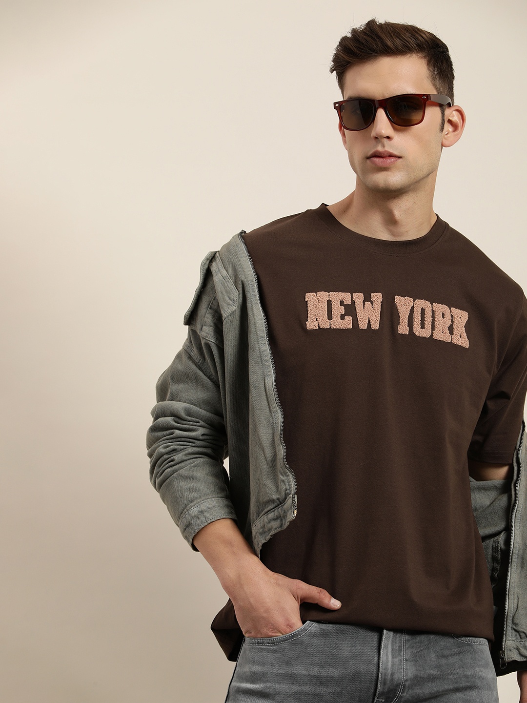 

DILLINGER Men Typography Embroidered Oversized Pure Cotton T-shirt, Brown