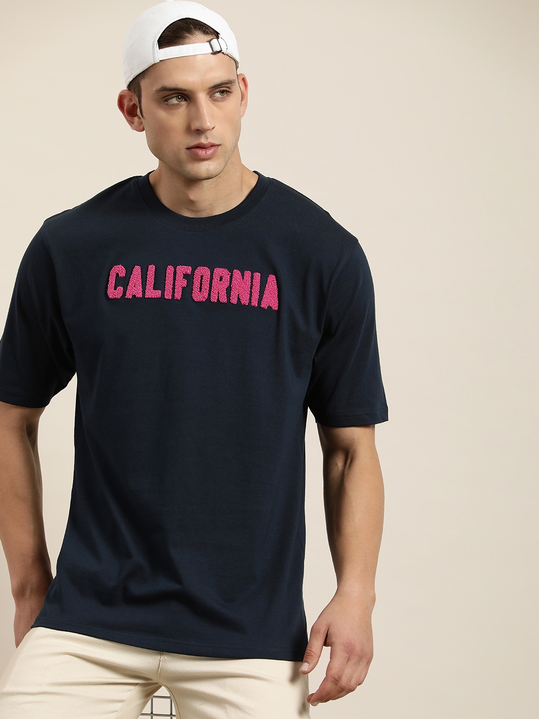 

DILLINGER Men Typography Embroidered Oversize Pure Cotton T-shirt, Navy blue
