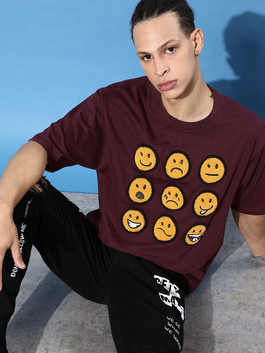 

DILLINGER Men Burgundy & Yellow Embroidered Oversized Pure Cotton Longline T-shirt