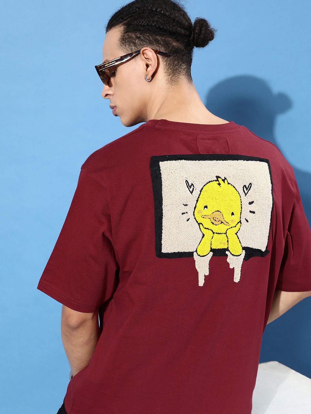 

DILLINGER Men Maroon & Yellow Embroidered Oversize Pure Cotton Longline T-shirt