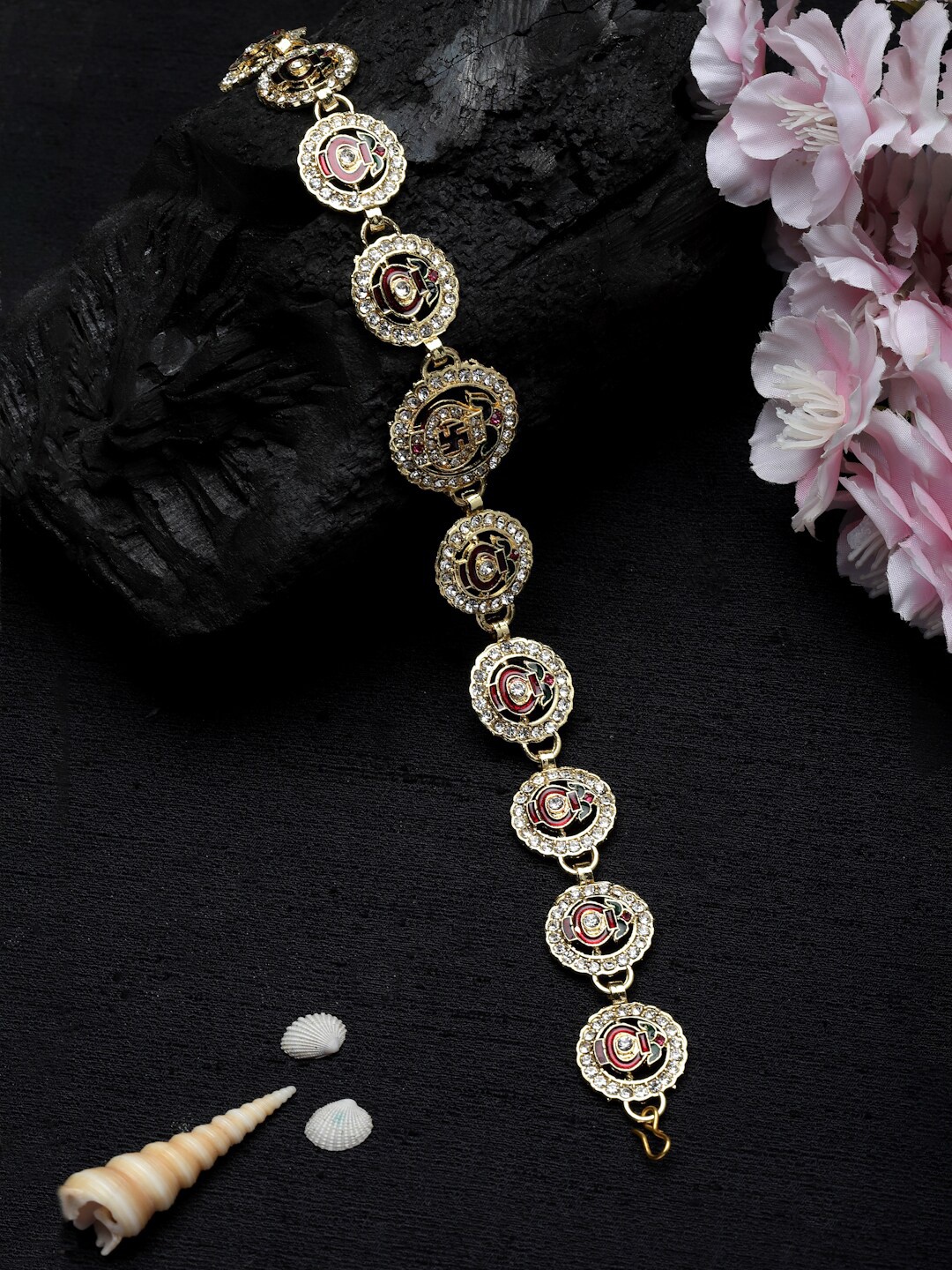 

Sanjog Gold-Plated Kundan-Studded Kalash Design Traditional Sheeshpatti Sheeshphool