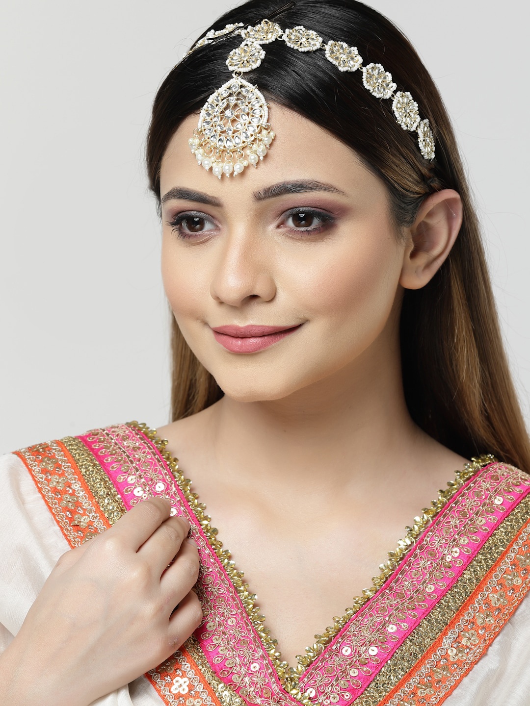 

Sanjog Gold-Plated Kundan-Studded & Pearl Beaded Sheeshphool Matha Patti