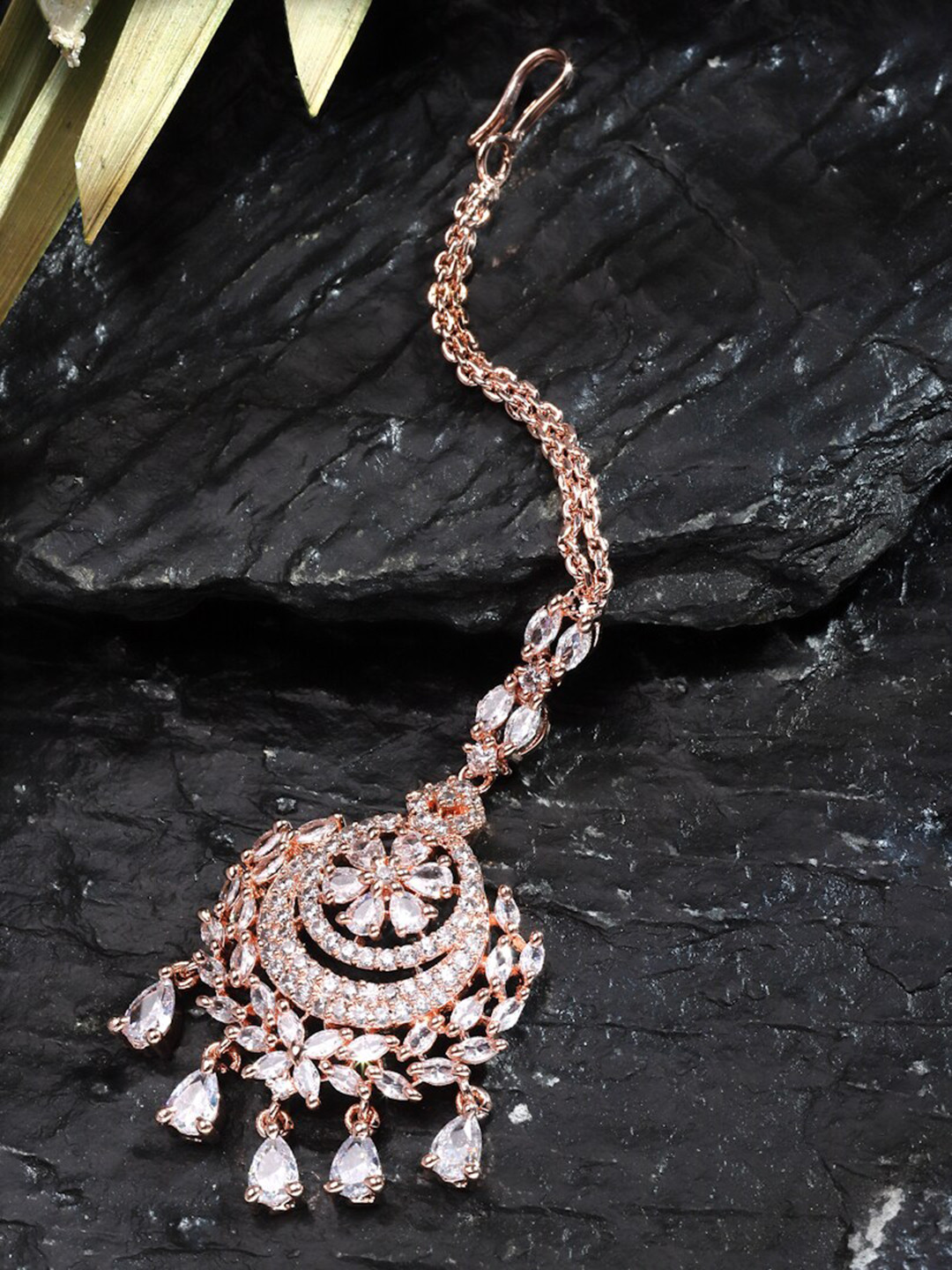 

Sanjog Gold-Plated AD Stone-Studded CZ Stone Crystal Maang Tikka