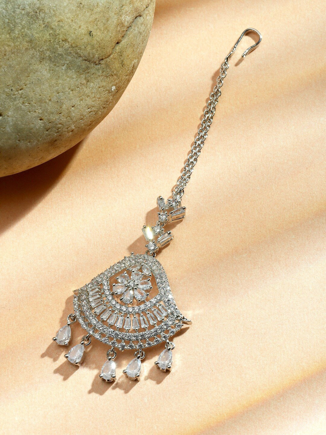

Sanjog Silver-Plated AD & CZ Studded Handcrafted Maang Tikka