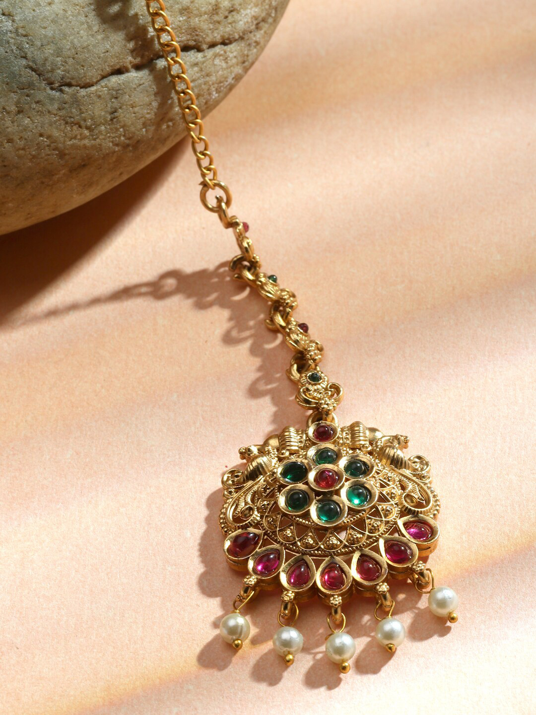 

Sanjog Gold-Plated Stone-Studded & Beaded Maangtikka