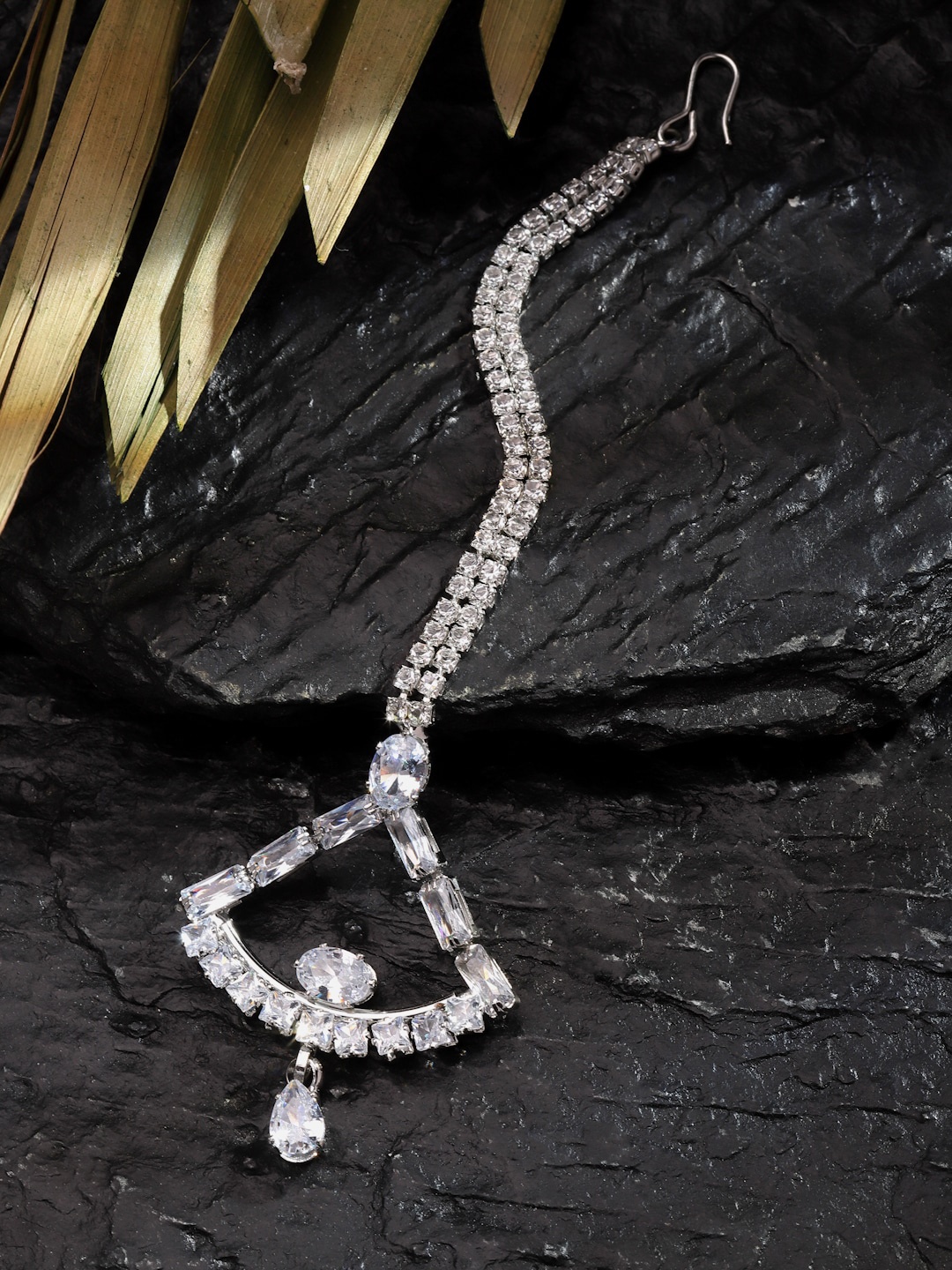 

Sanjog Silver-Plated AD-Studded CZ Stone Crystal Maang Tikka