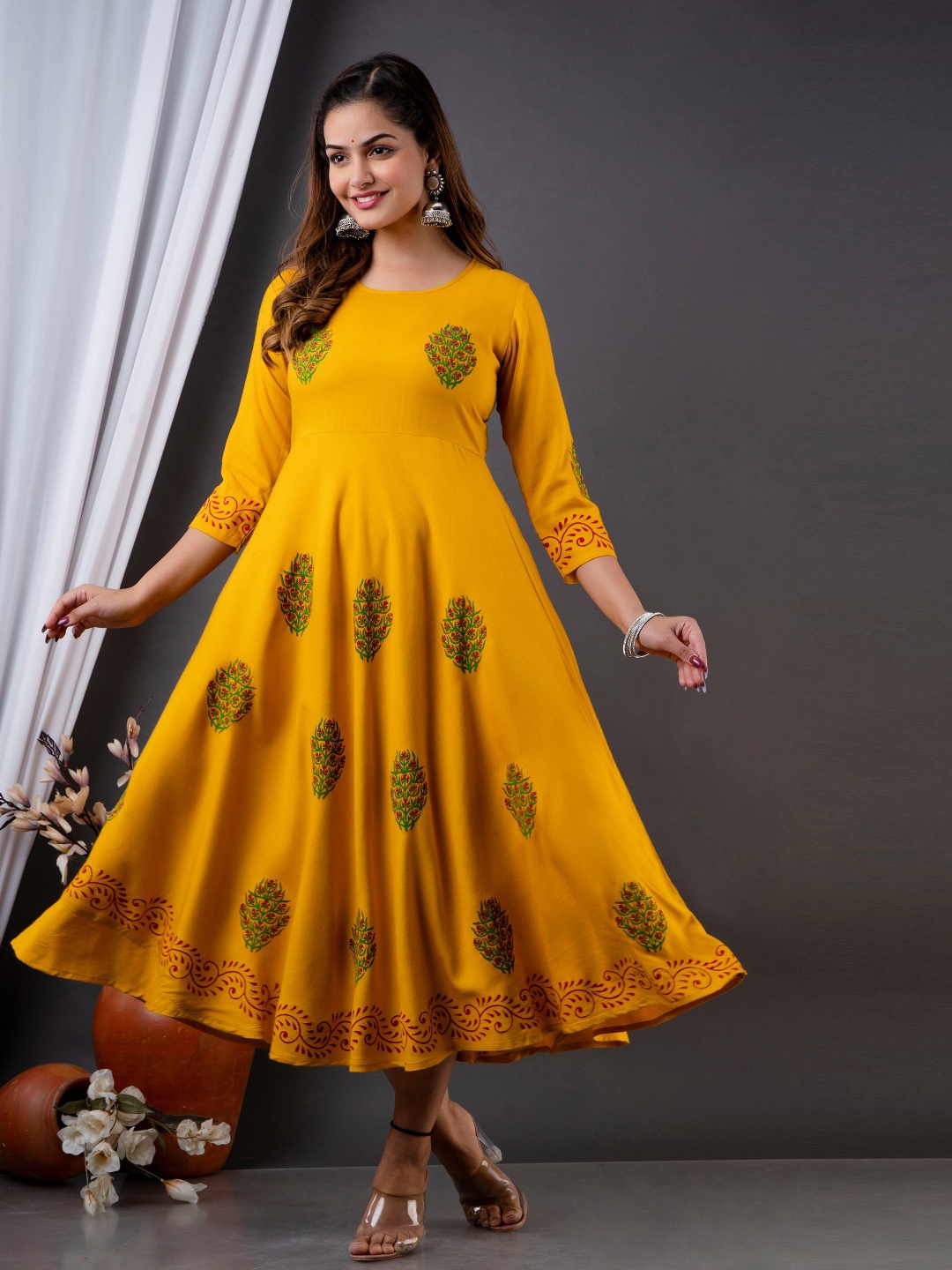 

VASANT APPAREL Floral Printed Fit & Flare Midi Ethnic Dress, Yellow