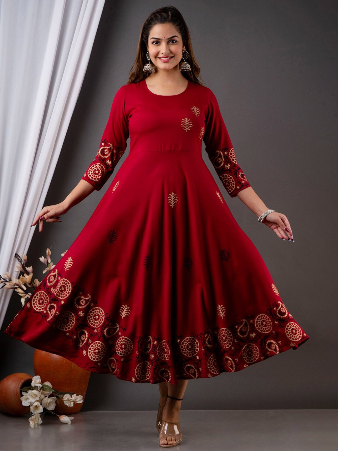 

VASANT APPAREL Ethnic Printed Fit & Flare Midi Ethnic Dress, Maroon