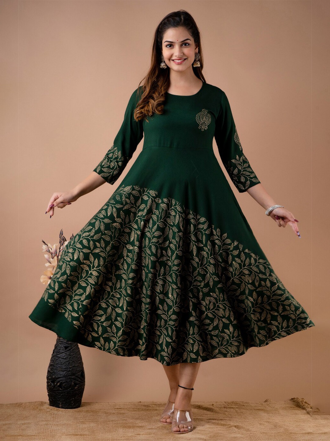 

VASANT APPAREL Floral Printed Liva Fit & Flare Midi Ethnic Dress, Green