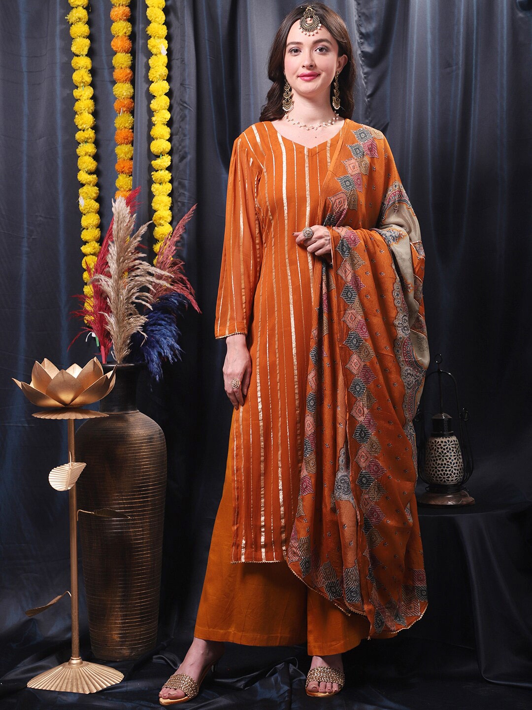 

Stylee LIFESTYLE Printed Silk Georgette Unstitched Dress Material, Rust