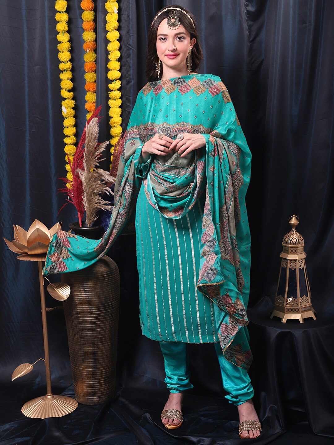 

Stylee LIFESTYLE Printed Silk Georgette Unstitched Dress Material, Turquoise blue