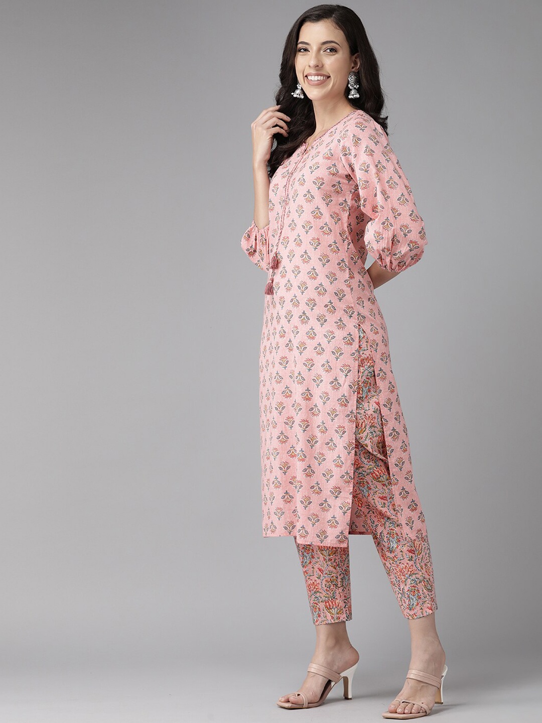 

Prakrti Floral Printed Sequinned Pure Cotton Kurta with Trousers & With Dupatta, Pink