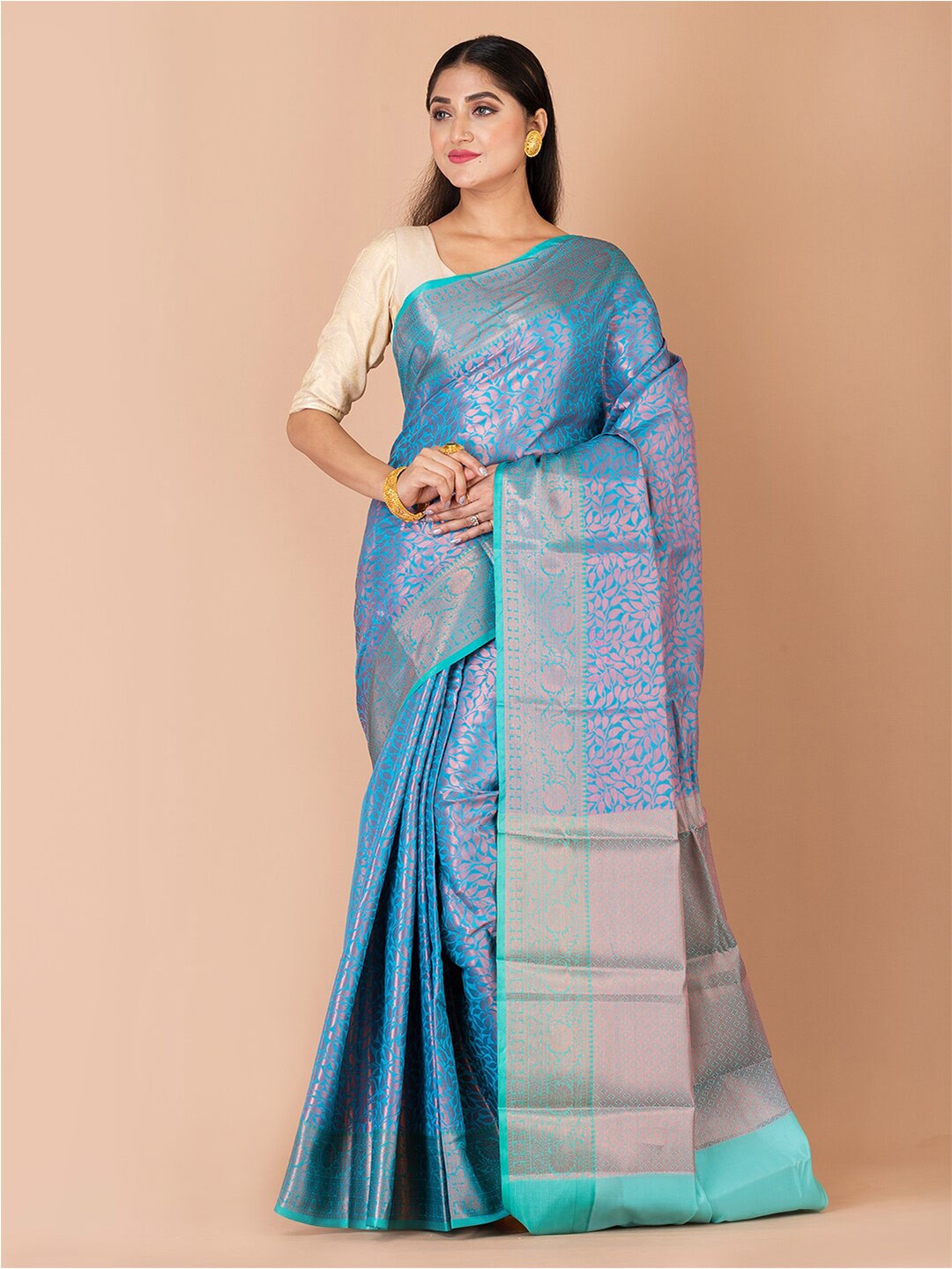 

Laa Calcutta Floral Woven Design Zari Banarasi Saree, Turquoise blue
