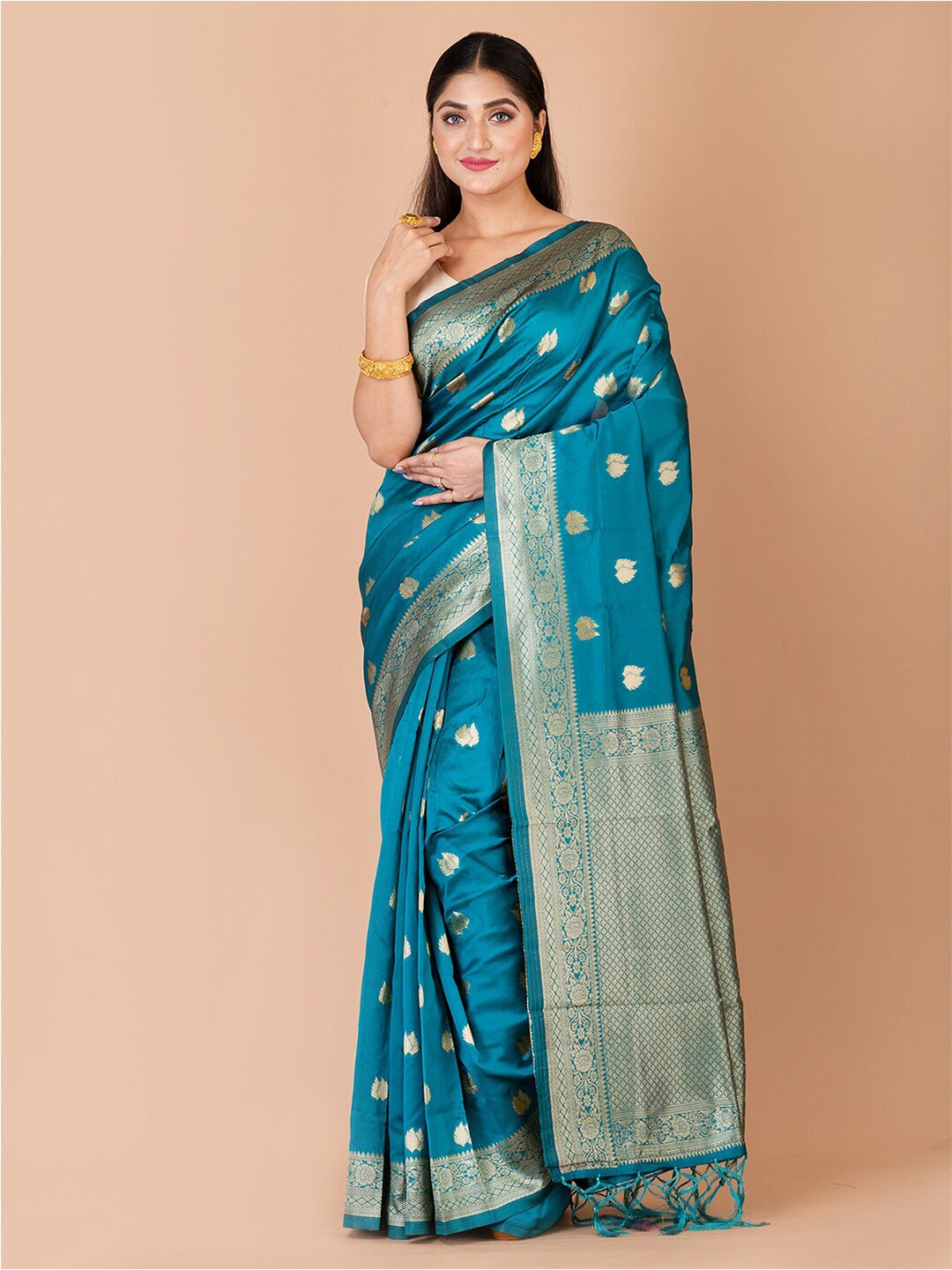 

Laa Calcutta Floral Woven Design Zari Banarasi Saree, Teal