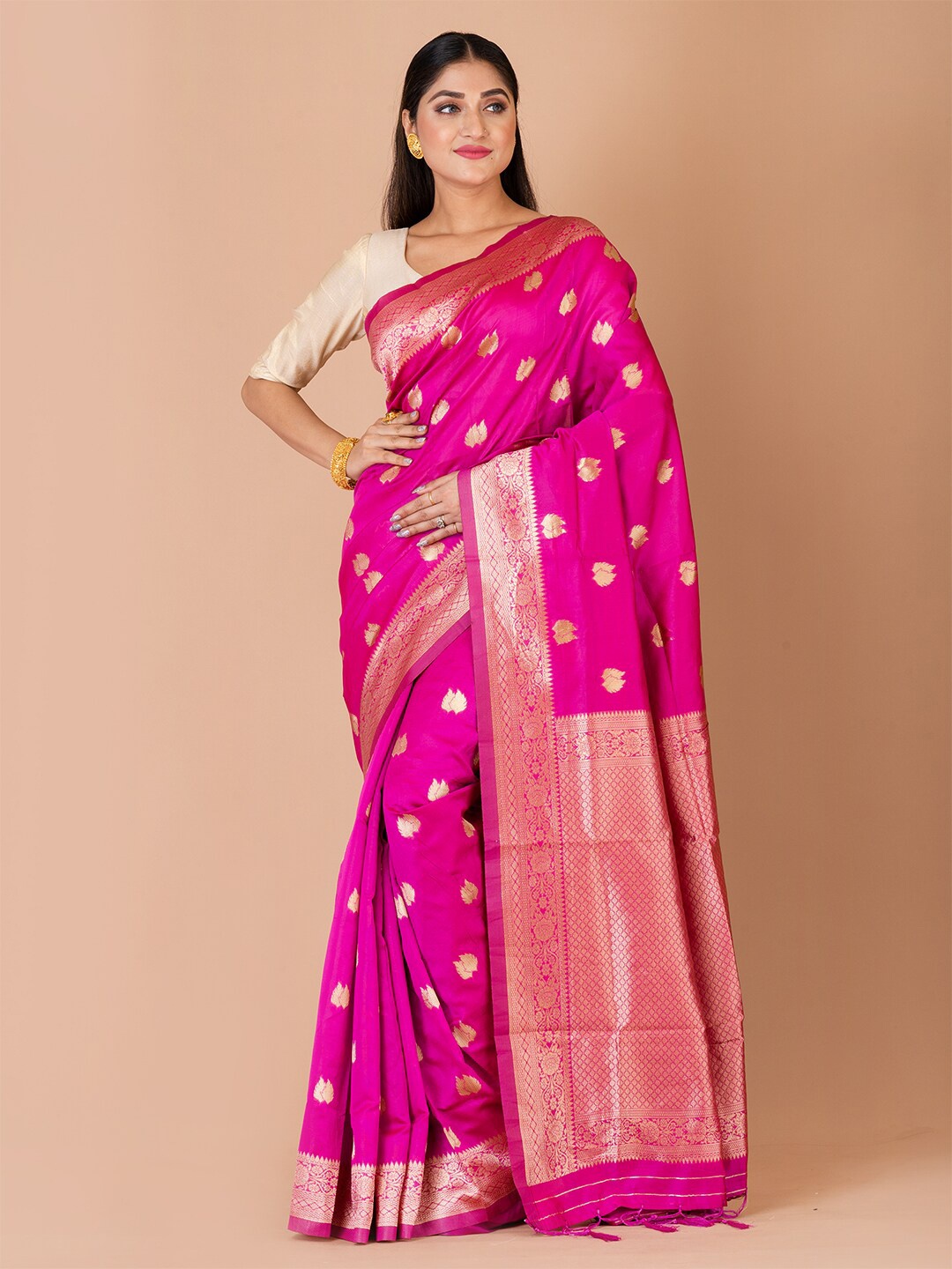 

Laa Calcutta Ethnic Motif Woven Design Zari Banarasi Silk Saree, Pink