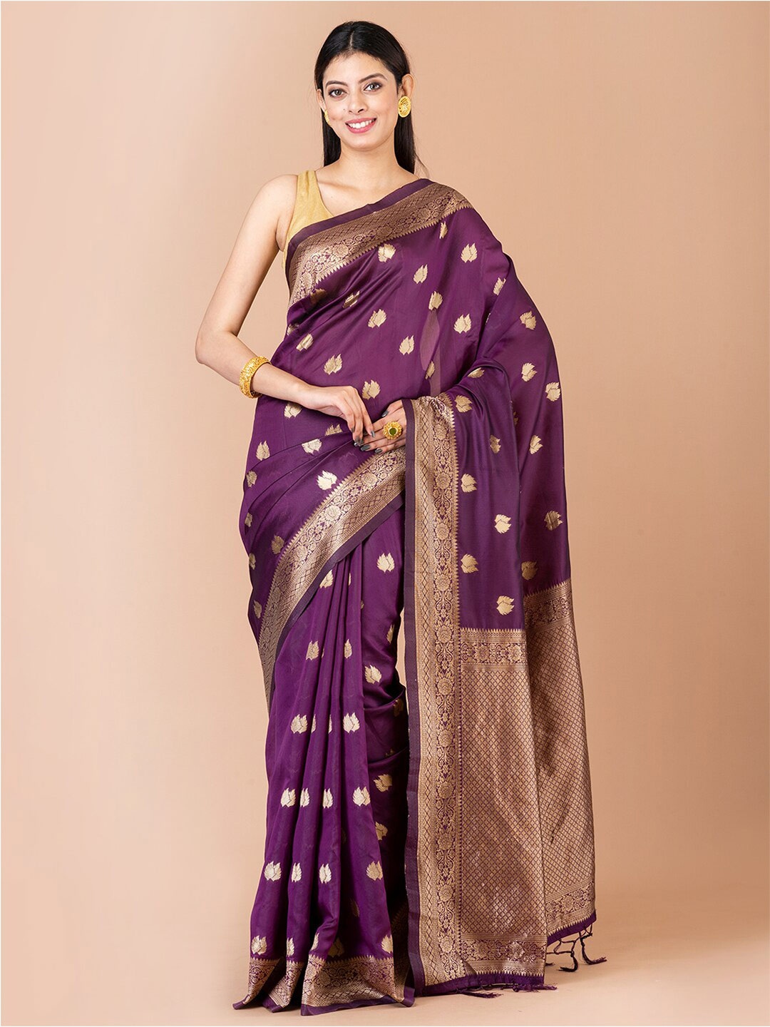 

Laa Calcutta Floral Woven Design Zari Banarasi Saree, Purple