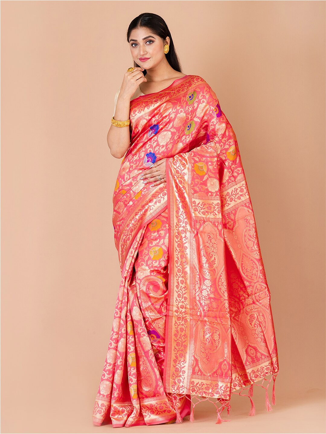 

Laa Calcutta Floral Woven Design Zari Banarasi Saree, Pink